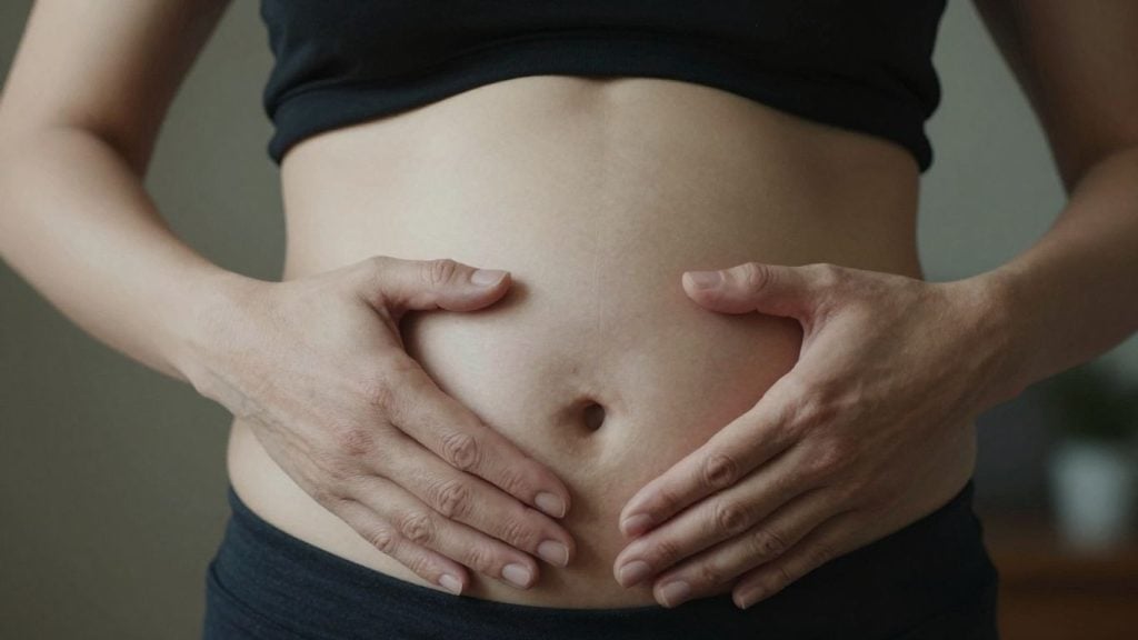 Close-up of abdomen with hands showing natural belly breathing and diaphragmatic breathing awareness