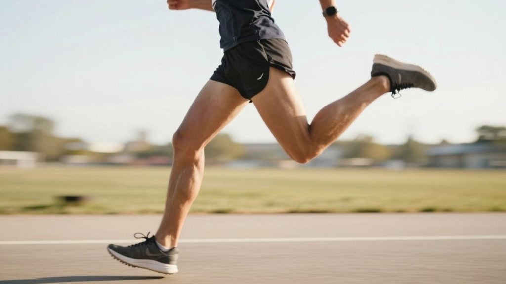 Runner in fluid motion, mid-stride, with graceful form.
