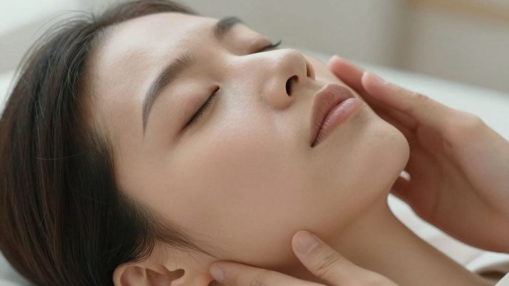 Person relaxing face muscles with Feldenkrais exercises.