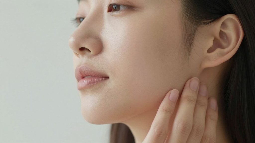 Woman gently touching her jaw to relieve facial tension with Feldenkrais face exercises