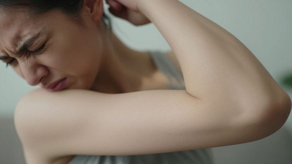 Person experiencing shoulder pain while raising arm.